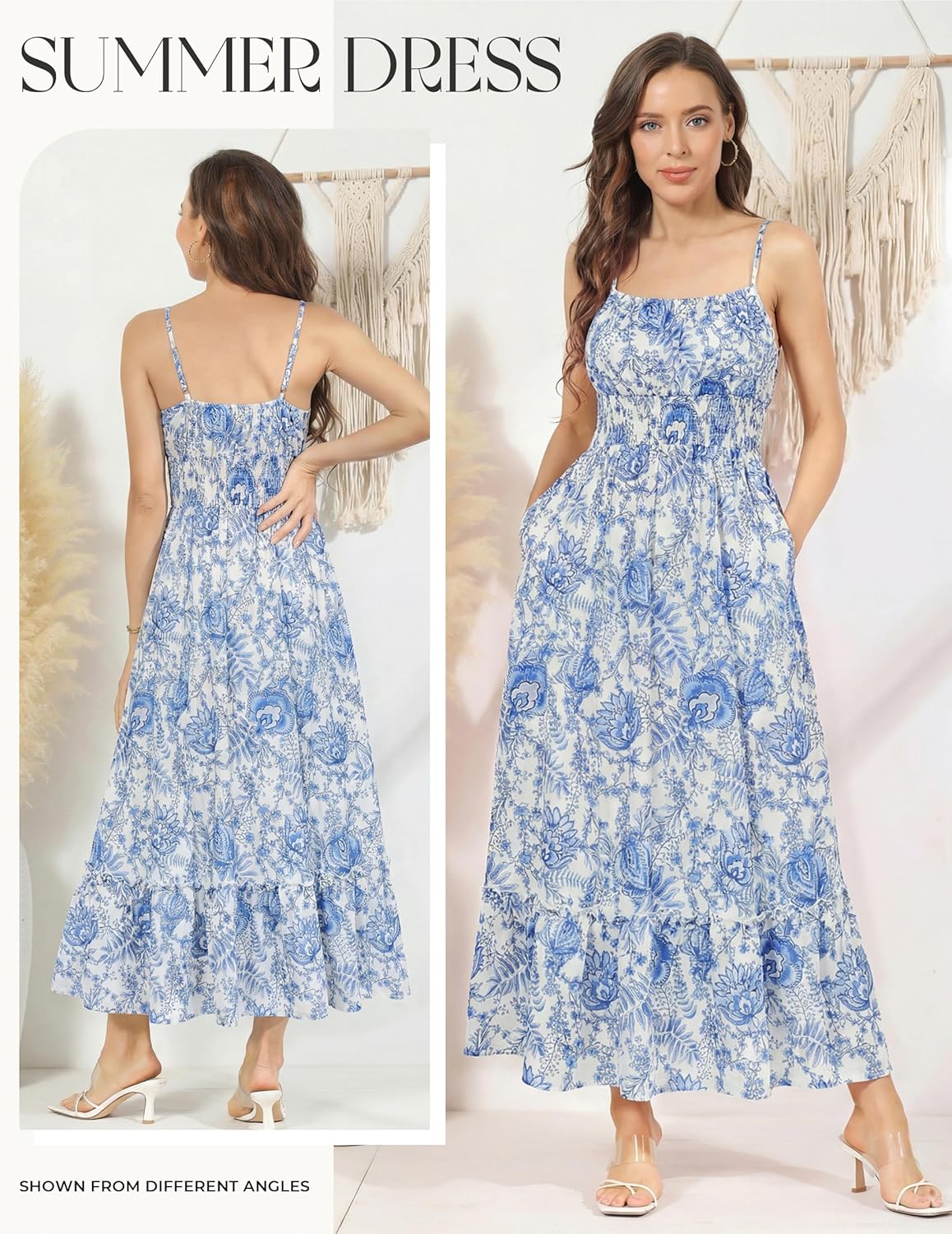 Summer Dresses for Women 2026 Vacation,Smocked Floral Maxi Dress,Boho Beach Sundress with Pocket Fashion Clothing - Blue White - Image 3