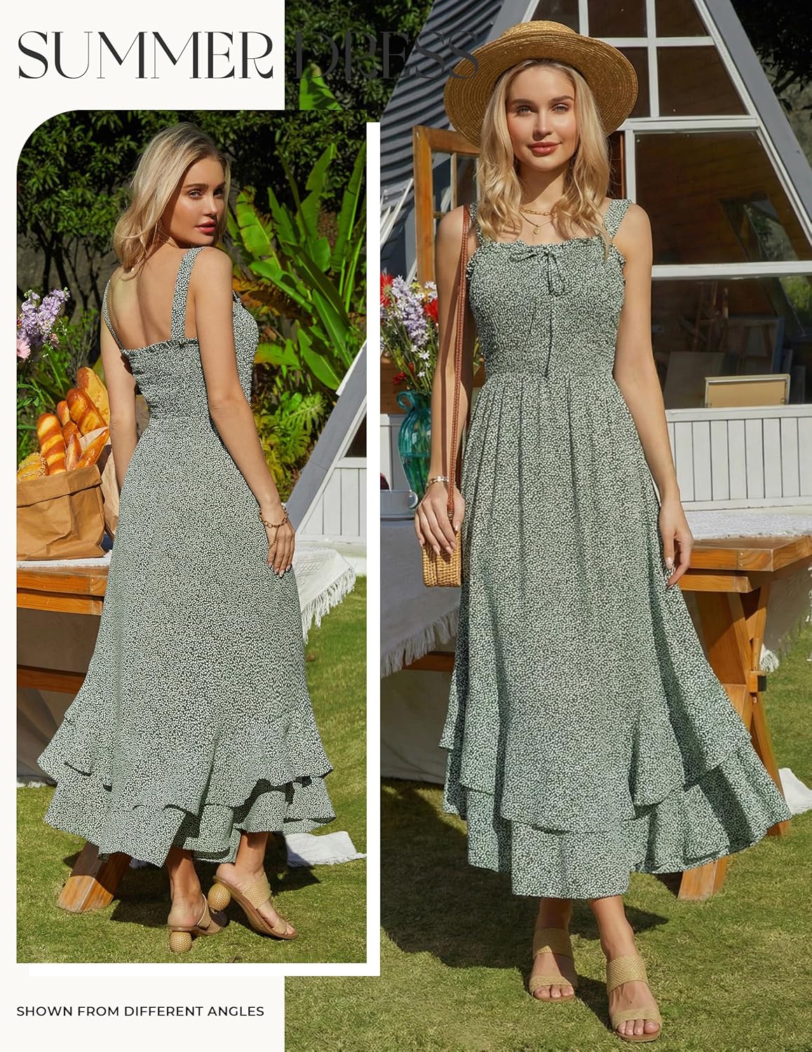 Women's 2026 Summer Floral Boho Dress Square Neck Strapped Swing A Line Sundress Beach Long Maxi Outfits - Green - Image 2
