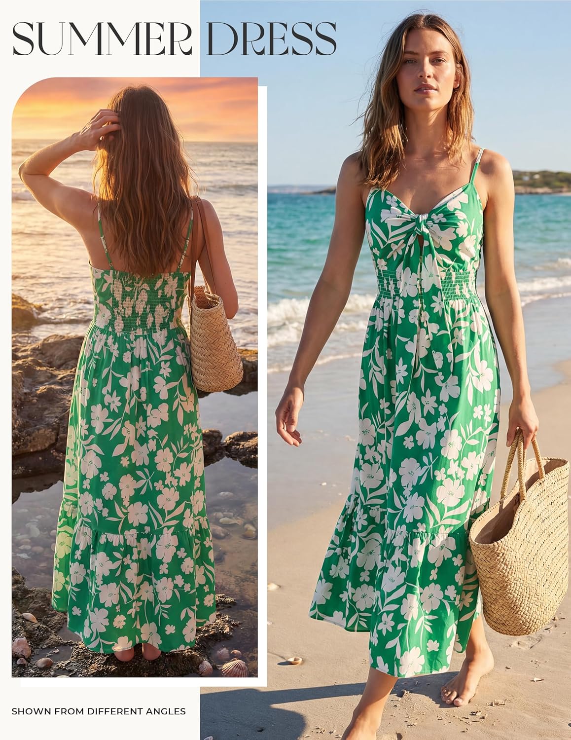 Womens Summer Floral Maxi Dresses 2026 Long Flowy Boho Dress Beach Vacation Sundresses Casual Clothes with Pocket - Green White Floral - Image 3