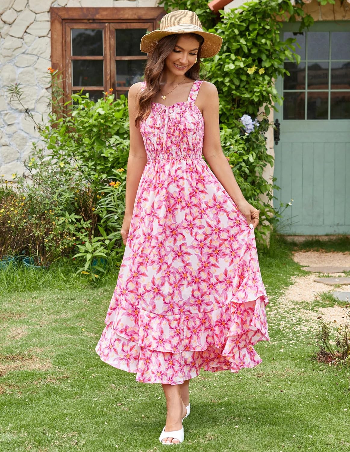 Women's 2026 Summer Floral Boho Dress Square Neck Strapped Swing A Line Sundress Beach Long Maxi Outfits - Pink Yellow Floral - Image 3